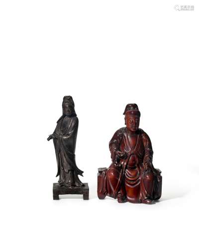 A SMALL ELEGANT BRONZE FIGURE OF GUANYIN TOGETHER WITH A WOO...