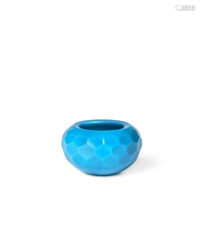 AN OPAQUE TURQUOISE FACETED GLASS WATER POT  The vessel 18th...
