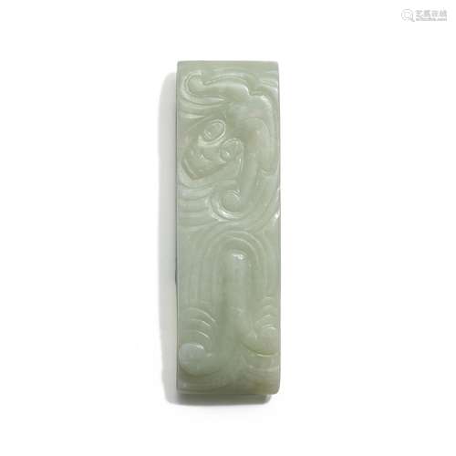 AN ARCHAISTIC PALE CELADON-WHITE JADE SCABBARD SLIDE