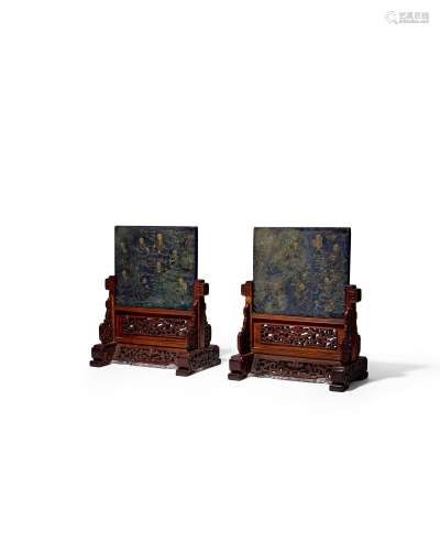 A PAIR OF LAPIS LAZULI 'SIXTEEN LUOHAN' TABLE SCREEN...