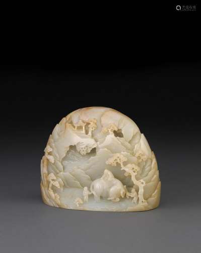 A FINELY CARVED WHITE JADE BOULDER Circa 1900