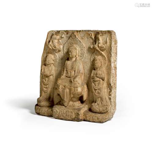 A WHITE MARBLE PANEL OF BUDDHIST TRIAD Liao dynasty, 10th-11...