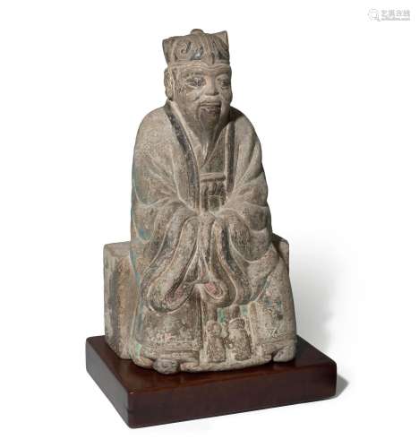 A PARTIALLY PAINTED GRAY STONE FIGURE OF LAOZI Ming dynasty,...