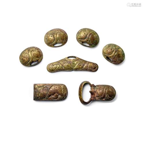 A SET OF SEVEN GILT BRONZE BELT FITTINGS Liao dynasty, 11th ...