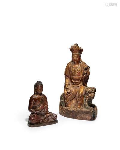 A PAINTED AND LACQUERED BRONZE SEATED BUDDHA TOGETHER WITH A...