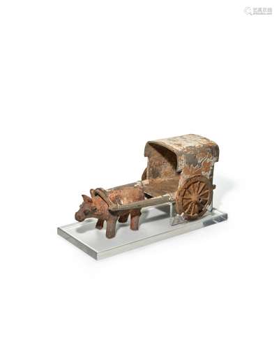 A PAINTED GRAY POTTERY MODEL OF OX AND CART Six Dynasties
