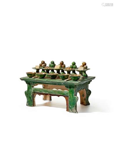 A SANCAI-GLAZED POTTERY MINIATURE ALTAR TABLE AND OFFERINGS ...