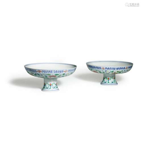 TWO RARE DOUCAI FOOTED BOWLS Qianlong mark and of the period