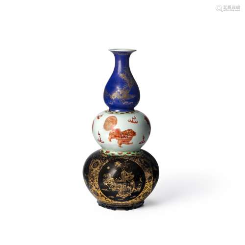 A COBALT-BLUE, IRON-RED, GILT AND BLACK-GLAZED TRIPLE-GOURD ...