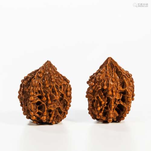Pair of Faux Amber Carvings of Walnuts
