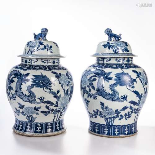 Pair of Blue and White Covered Temple Jars