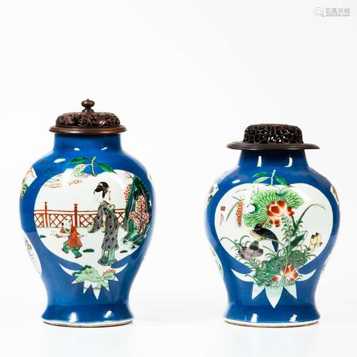 Near Pair of Powder Blue and Famille Verte Vases