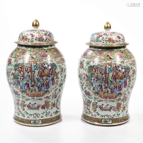 Pair of Rose Medallion Covered Temple Jars