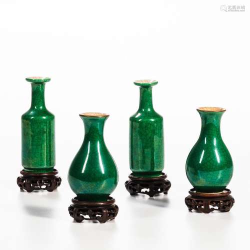 Two Pairs of Small Apple Green Crackle-glazed Vases