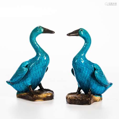 Pair of Turquoise Blue-glazed Geese