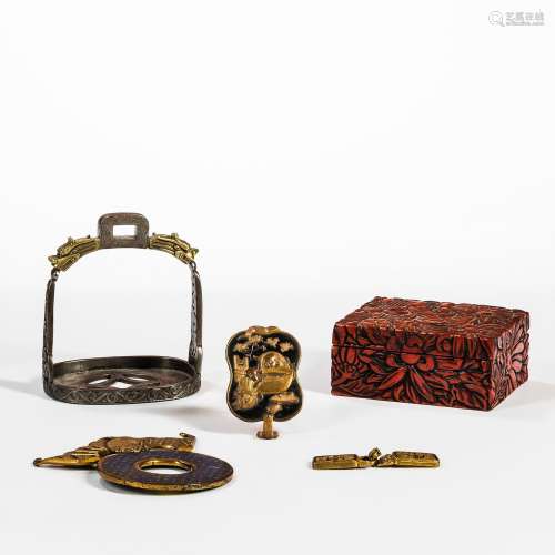 Four Metal Decorative Objects and a Cinnabar Lacquer Box