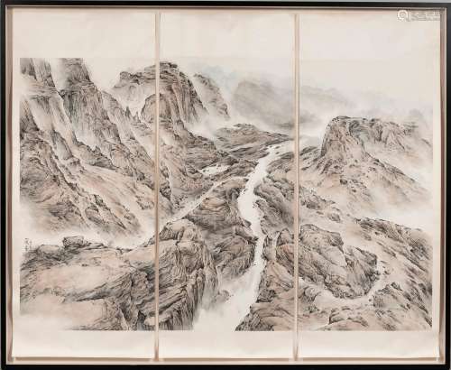 Zeng Xiaojun (b. 1954), Painting Triptych in a Frame