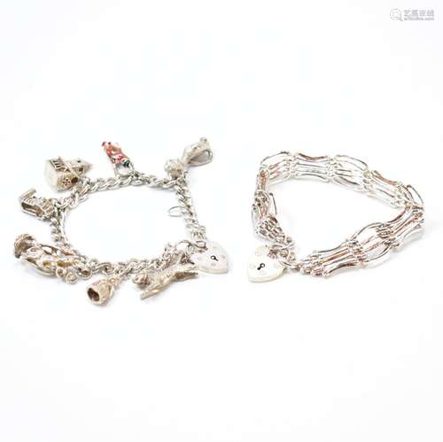 TWO VINTAGE SILVER BRACELETS - CHARM & GATELINK