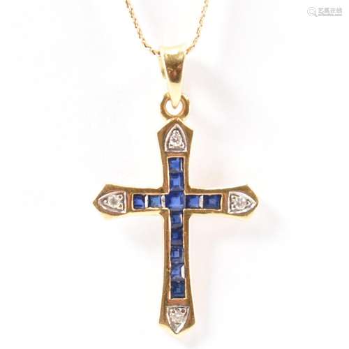 HALLMARKED 18CT GOLD DIAMOND & SAPPHIRE CRUCIFIX PENDANT...