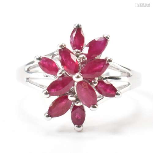 HALLMARKED 9CT WHITE GOLD & RUBY CLUSTER RING