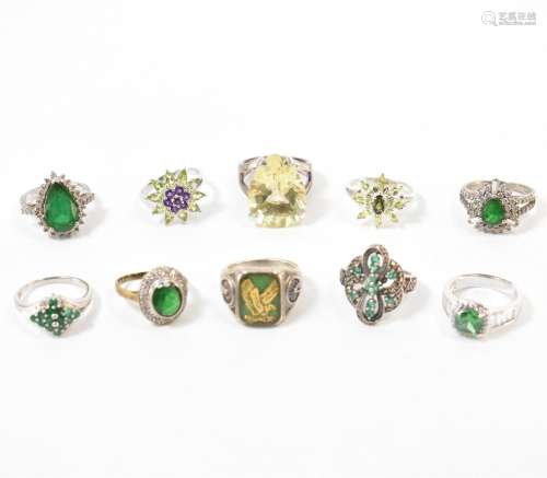 GROUP OF 925 SILVER GREEN STONE SET RINGS