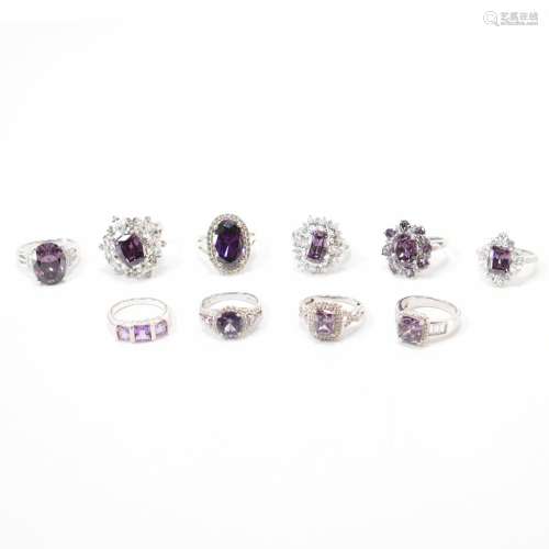 GROUP OF 925 SILVER PURPLE & WHITE STONE SET RINGS