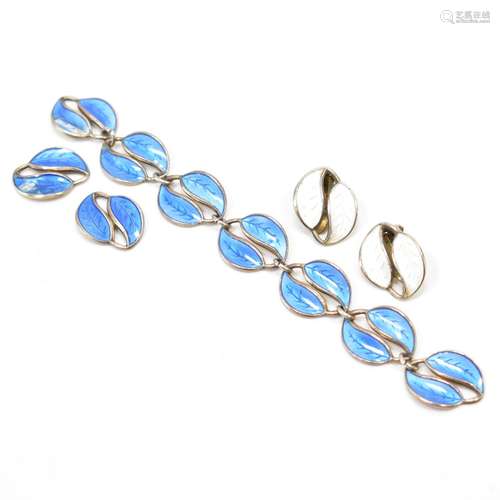 DAVID ANDERSEN SILVER ENAMELLED TWIN LEAF EARRINGS & LIN...