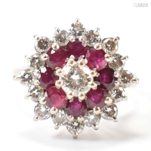 HALLMARKED 18CT WHITE GOLD RUBY & DIAMOND CLUSTER RING