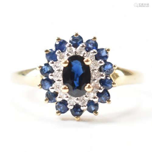 HALLMARKED 9CT GOLD DIAMOND & BLUE STONE CLUSTER RING