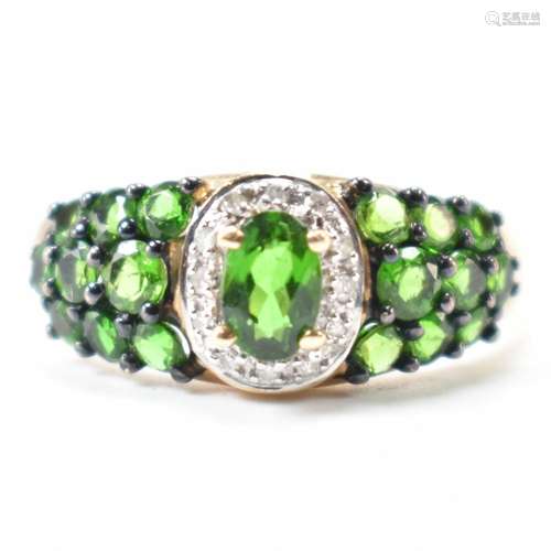 HALLMARKED 9CT GOLD DIAMOND & GREEN STONE RING