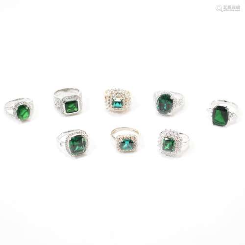 GROUP OF 925 SILVER GREEN STONE SET RINGS