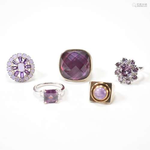 GROUP OF 925 SILVER PURPLE STONE SET RINGS