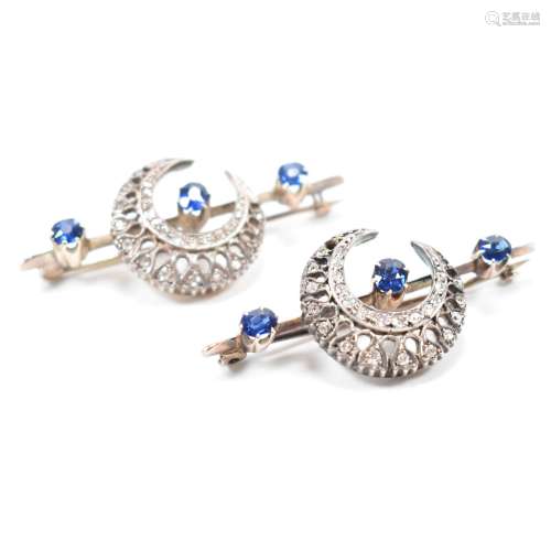 PAIR OF VICTORIAN DIAMOND & SAPPHIRE CRESCENT BROOCHES