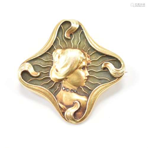 ART NOUVEAU GOLD ENAMEL & DIAMOND BROOCH PIN