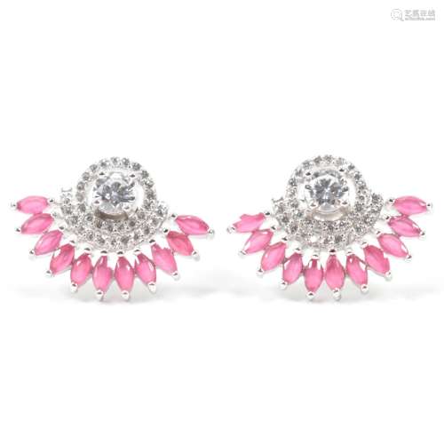 ART DECO STYLE 925 SILVER RUBY & CZ STUD EARRINGS