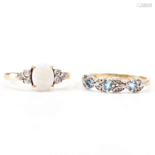 TWO 9CT GOLD RINGS - OPAL & BLUE STONE