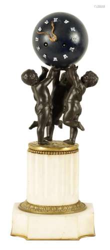 A 19TH CENTURY FRENCH BRONZE ORMOLU AND MARBLE FIGURAL MANTE...