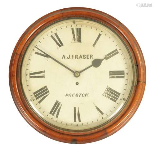 A 19TH CENTURY 14" MAHOGANY FUSEE DIAL WALL CLOCK SIGNE...