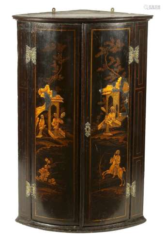 A GEORGE III BLACK LACQUER AND CHINOISERIE HANGING BOWFRONT ...