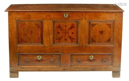 AN EARLY 18TH CENTURY WELSH INLAID JOINED OAK MARRIAGE CHEST