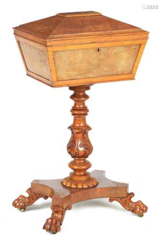 A 19TH CENTURY BURR OAK TEAPOY IN THE MANNER OF GILLOWS