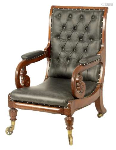 A 19TH CENTURY FIDDLE BACK MAHOGANY RECLINING LIBRARY CHAIR ...