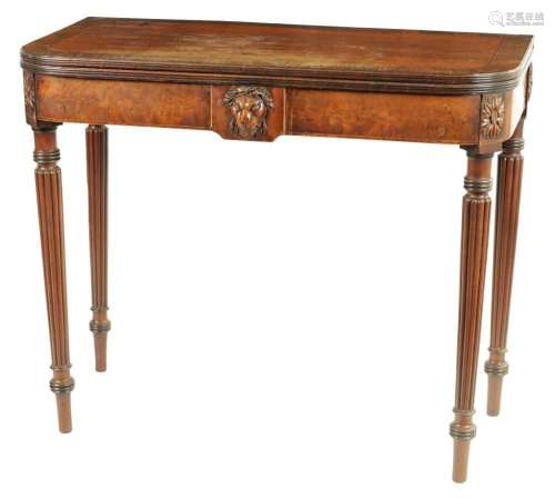 A LATE REGENCY FIGURED MAHOGANY FOLD OVER TEA TABLE IN THE M...