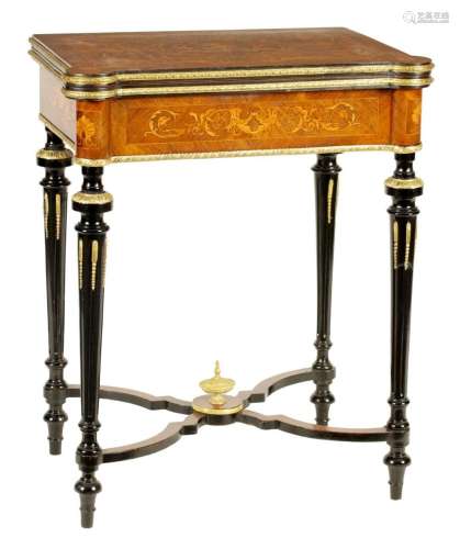 A MID 19TH CENTURY MARQUETRY INLAID WALNUT AND EBONISED ORMO...