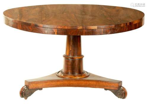 A REGENCY FIGURED ROSEWOOD CIRCULAR CENTRE TABLE