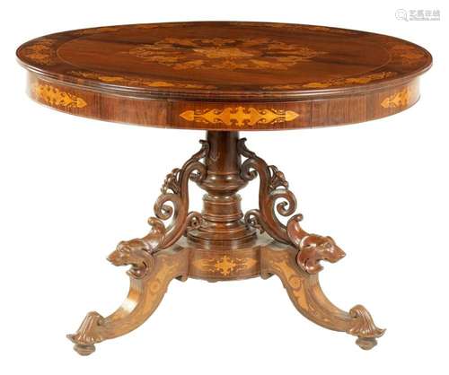 A 19TH CENTURY MARQUETRY INLAID ROSEWOOD CENTRE TABLE