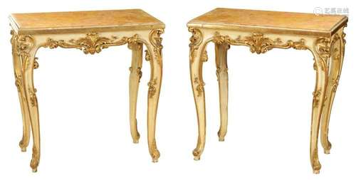 A PAIR OF 18TH CENTURY CONTINENTAL PAINTED AND GILT HIGHLIGH...