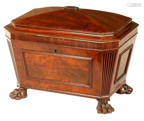 A FINE LATE REGENCY FIGURED MAHOGANY SARCOPHAGUS WINE COOLER