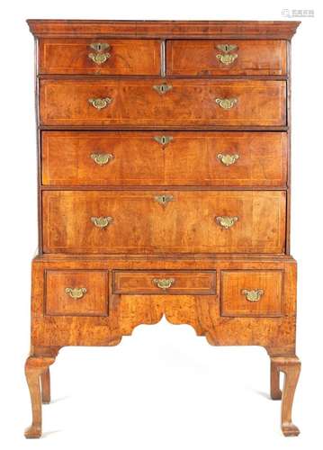 AN EARLY 18TH CENTURY FIGURED WALNUT CHEST ON STAND