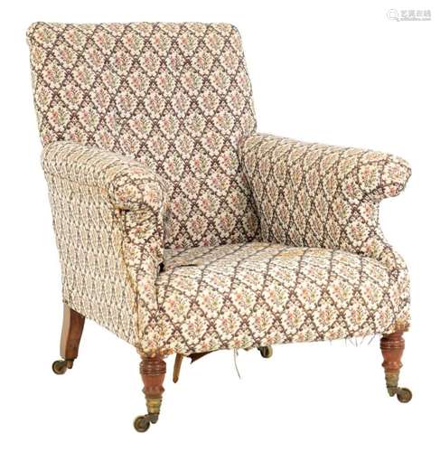 HOWARD AND SONS. A 19TH CENTURY WALNUT FRAMED UPHOLSTERED AR...